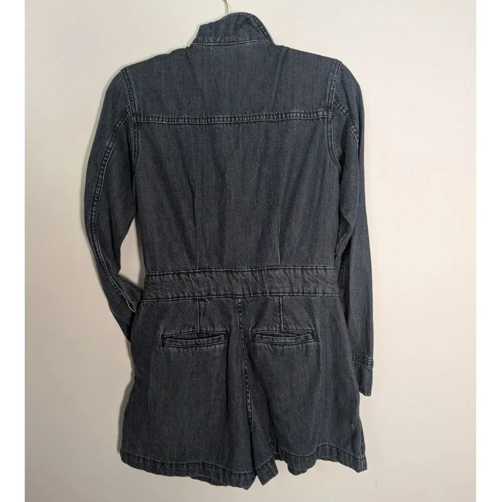Universal Thread Denim Romper Womens 2 Button Front Long Sleeve Utility Shorts - Picture 2 of 6